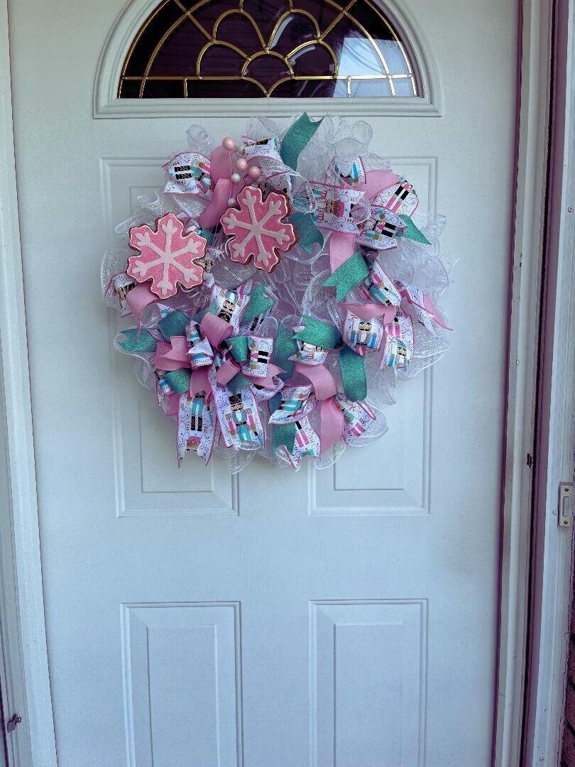 Snowflake Christmas Wreath, pink, turqoise, white wreath, bow with nutcracker soldier