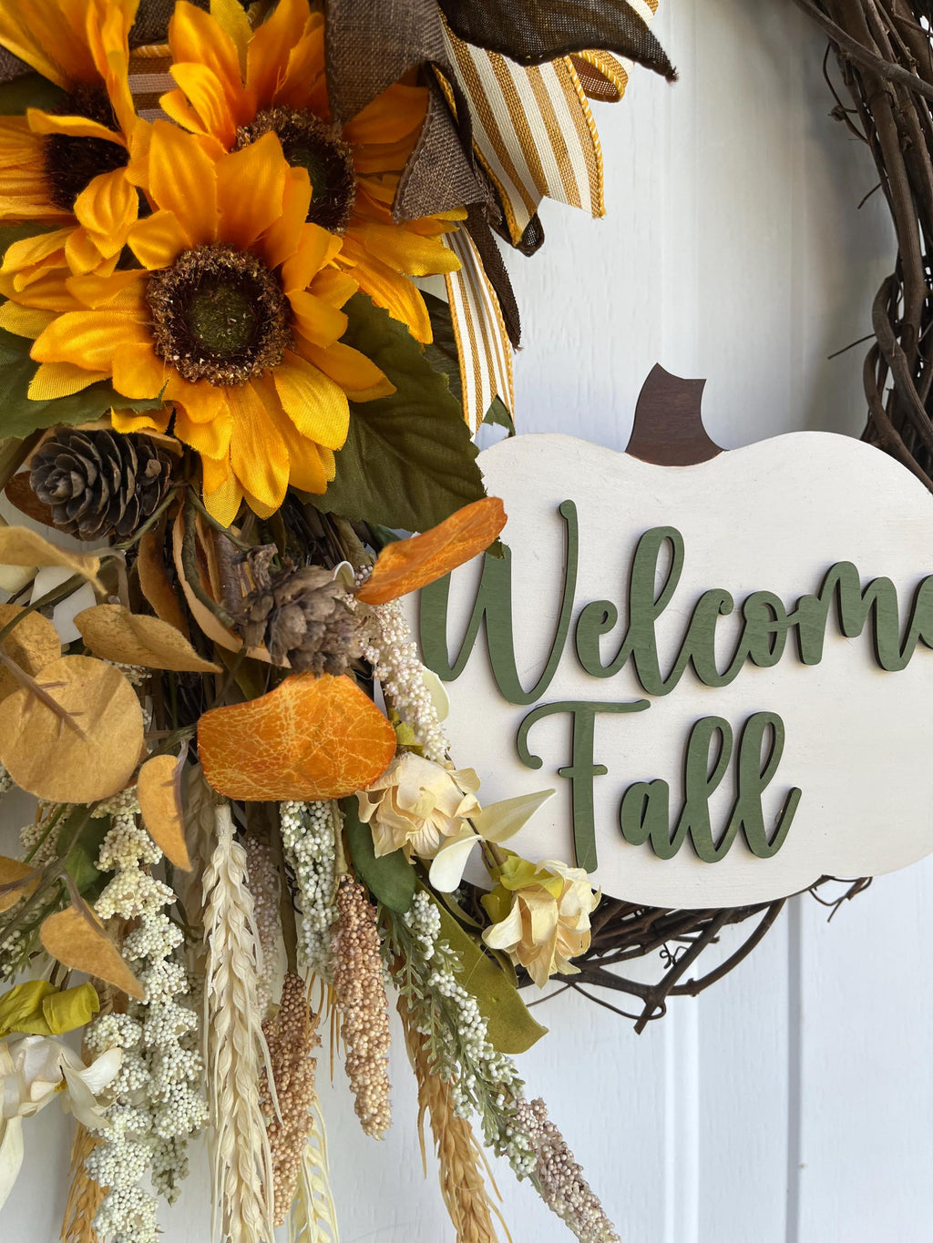 Handmade Pumpkin Fall Front Door Wreath – Welcome Fall Laser-Cut Wood Sign, Oval Grapevine Autumn Decor