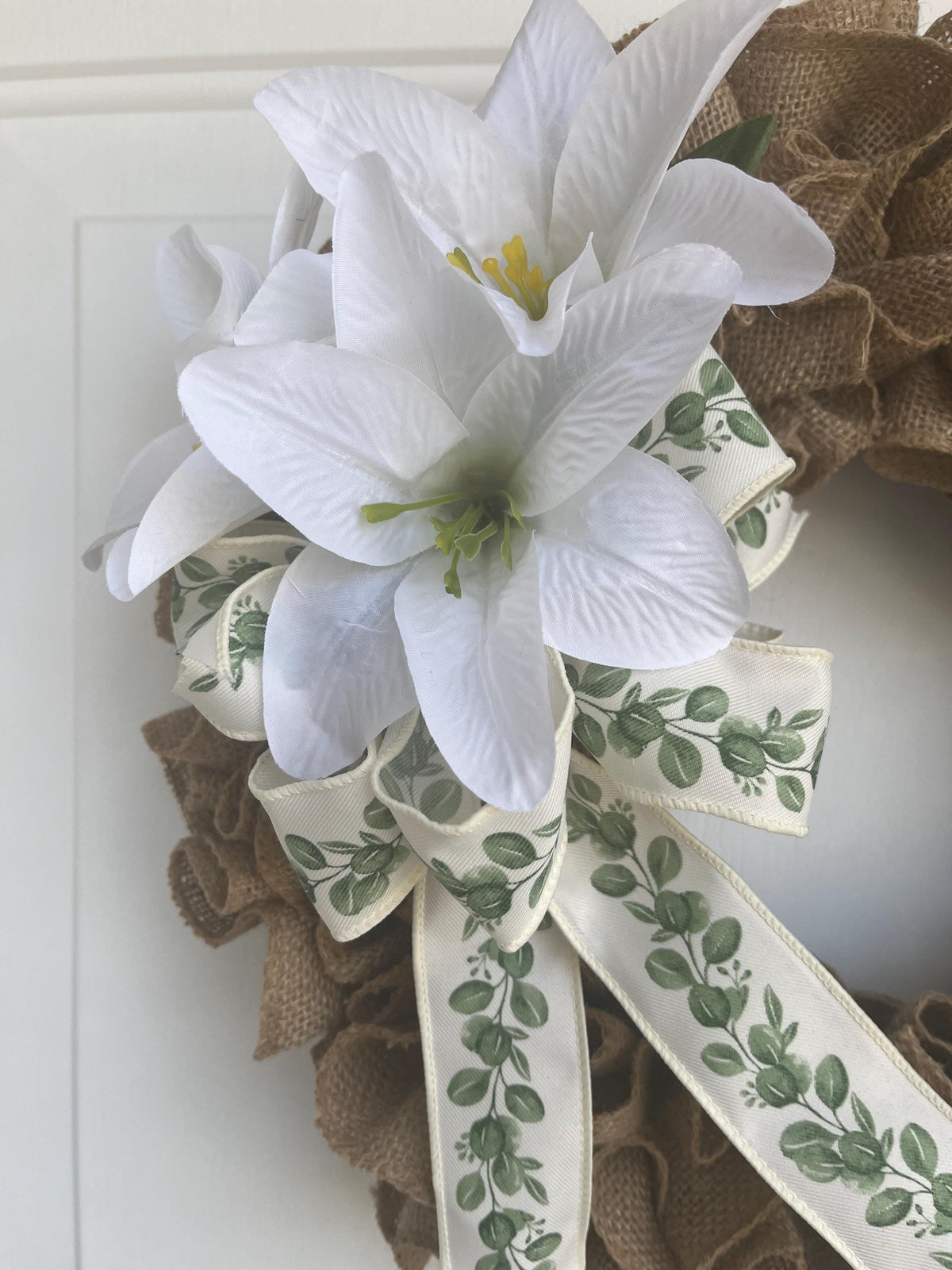 Ruffled Burlap Easter Wreath: White Lillies & Green Ribbon