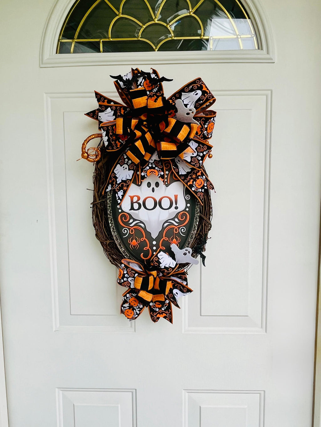 Handmade Halloween Grapevine Wreath – BOO Ghost Sign, Orange & Black Bats, Front Door Decor