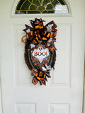 Handmade Halloween Grapevine Wreath – BOO Ghost Sign, Orange & Black Bats, Front Door Decor