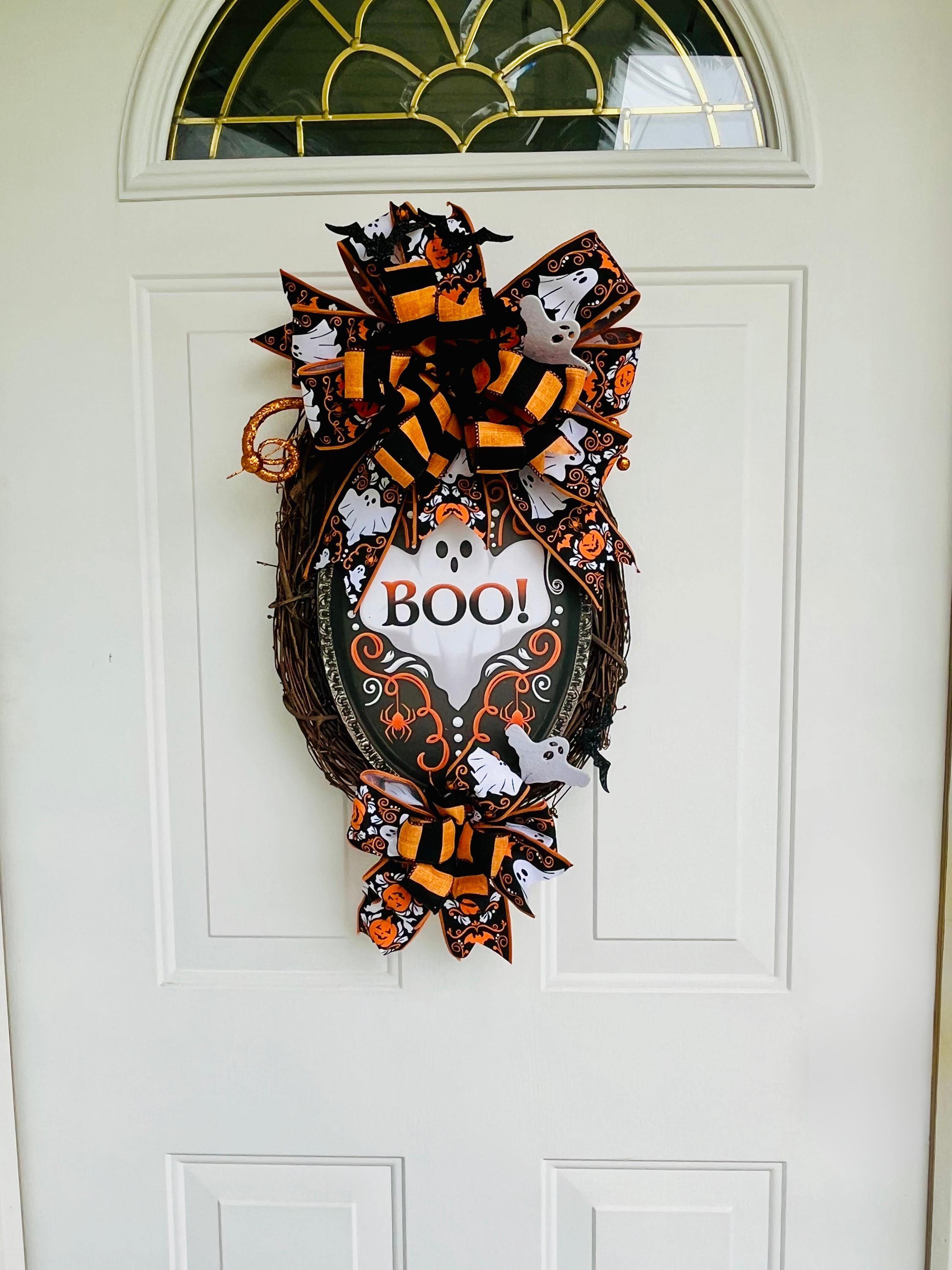 Handmade Halloween Grapevine Wreath – BOO Ghost Sign, Orange & Black Bats, Front Door Decor