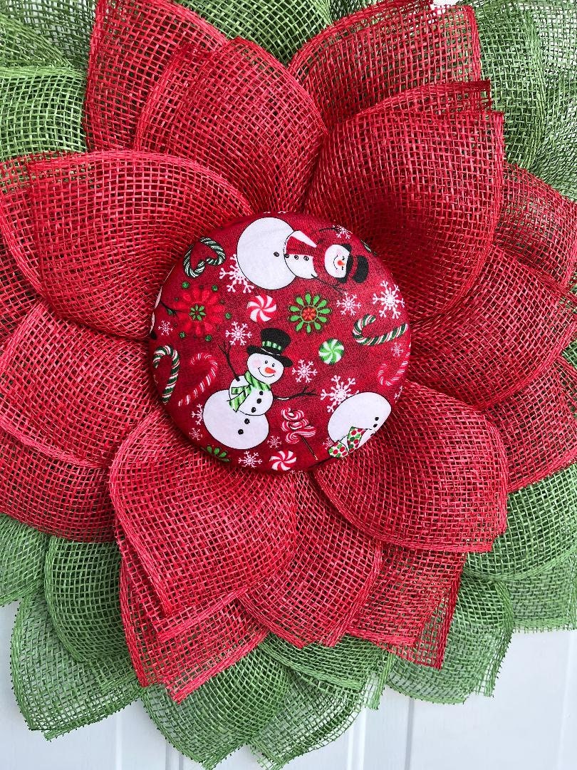 Large petal Christmas door wreath,  snowman decor, red and green