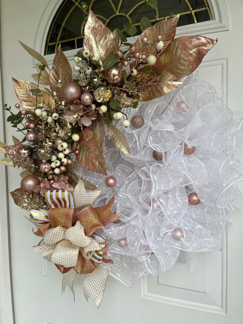 Christmas Wreath | Gold Berries, Gold Leaves & White Mesh | Holiday Door Decor