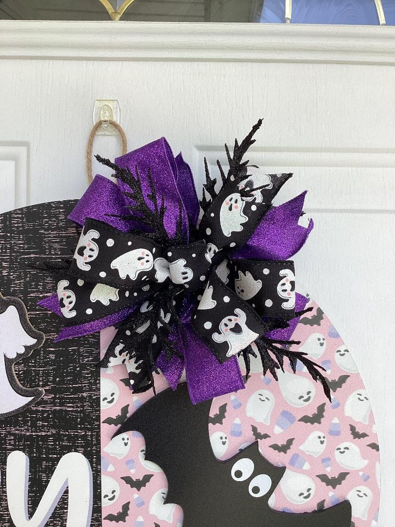 Handmade Halloween Wood Door Hanger – Hey Boo Ghost & Bat Birch Plywood Sign with Bow
