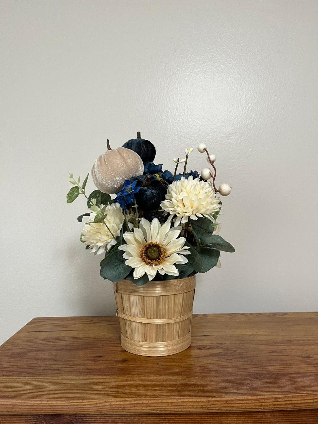 Handmade Fall Floral Centerpiece | Faux Pumpkin & Berry Arrangement, Wicker Basket