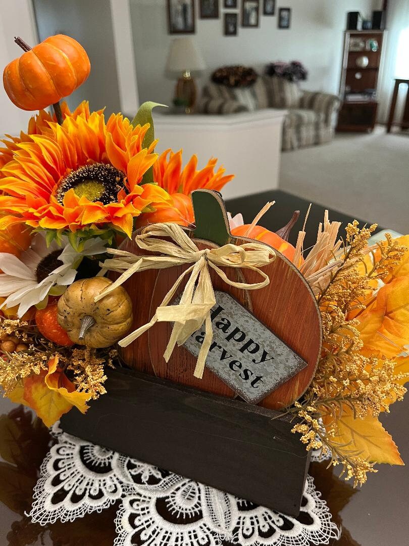 Handmade Fall Floral Centerpiece – Faux Sunflower & Pumpkin Arrangement, Wooden Box, Happy Harvest Thanksgiving Table Decor