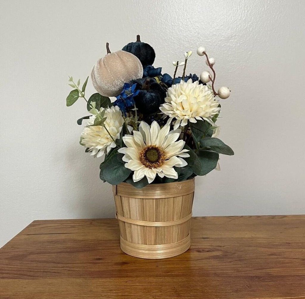 Handmade Fall Floral Centerpiece | Faux Pumpkin & Berry Arrangement, Wicker Basket