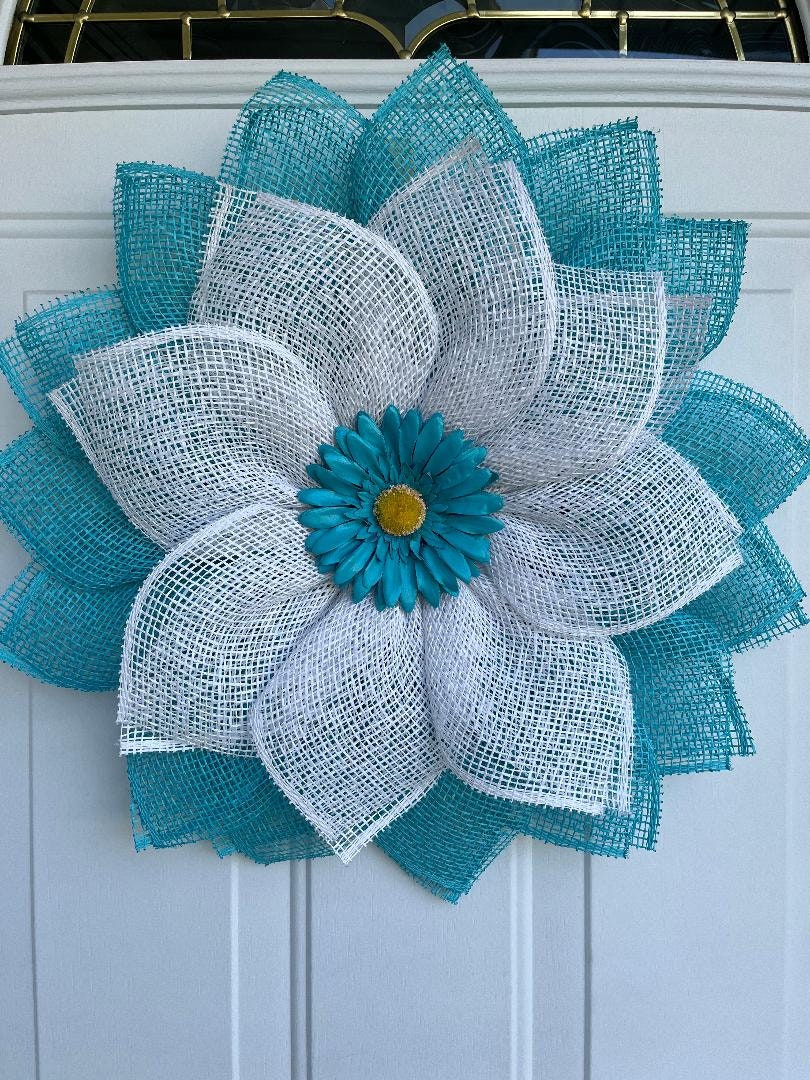 Handmade Turquoise Daisy Wreath – Poly Burlap Petal Flower Wreath for Front Door & Bedroom Décor