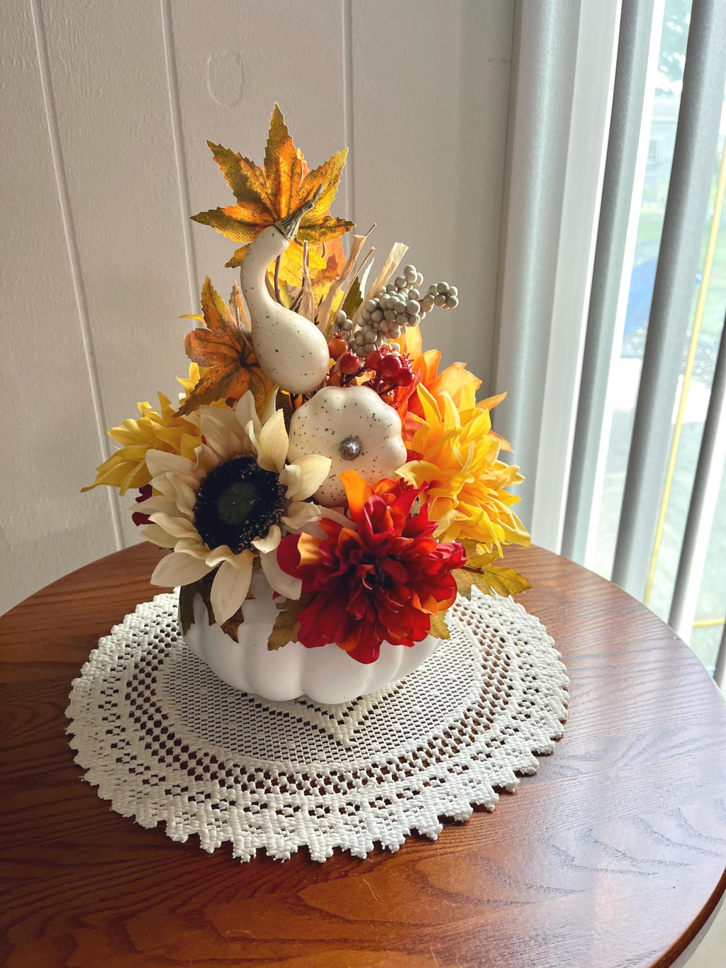 Handmade Fall Floral Centerpiece – Faux Flower & Pumpkin Decor, 28 Inch Orange & Yellow, Autumn Table or Mantel Display