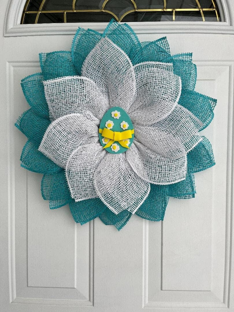 Handmade Turquoise Easter Egg Petal Wreath – Poly Burlap Spring Door Décor