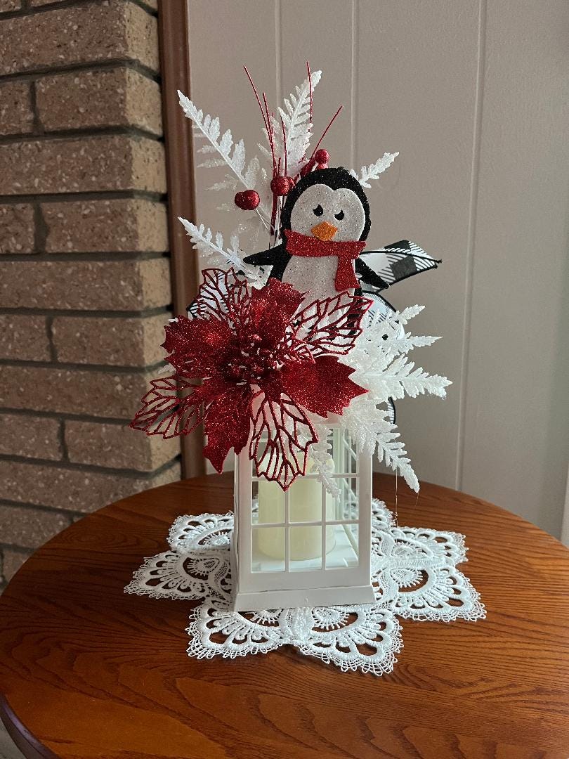 Christmas Lantern: Flickering Candle, Poinsettia Decor, penguin