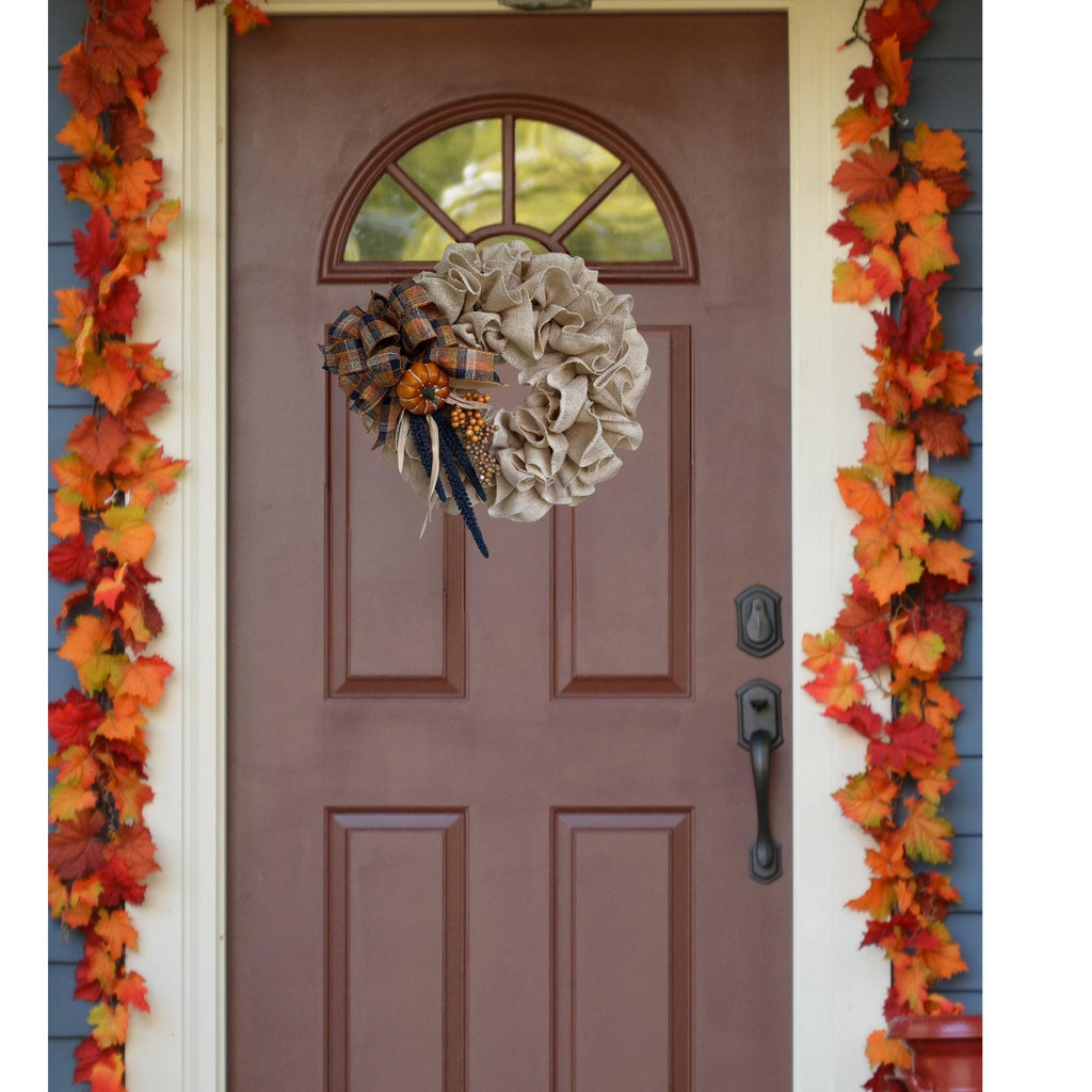 Fall Burlap Ruffled Wreath – Blue, Orange & White Ribbon with Berries, Pumpkin & Flowers