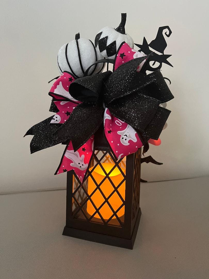 Decorated Halloween Lantern: Pink Witch Hat, Cat & Flameless Candle