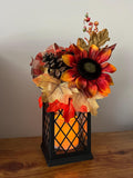 Fall Decorated Lantern: Faux Sunflower, Pine Cone, Flickering Light