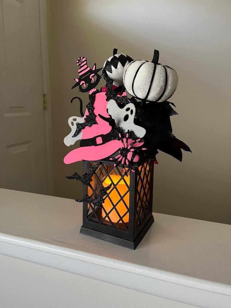 Decorated Halloween Lantern: Pink Witch Hat, Cat & Flameless Candle