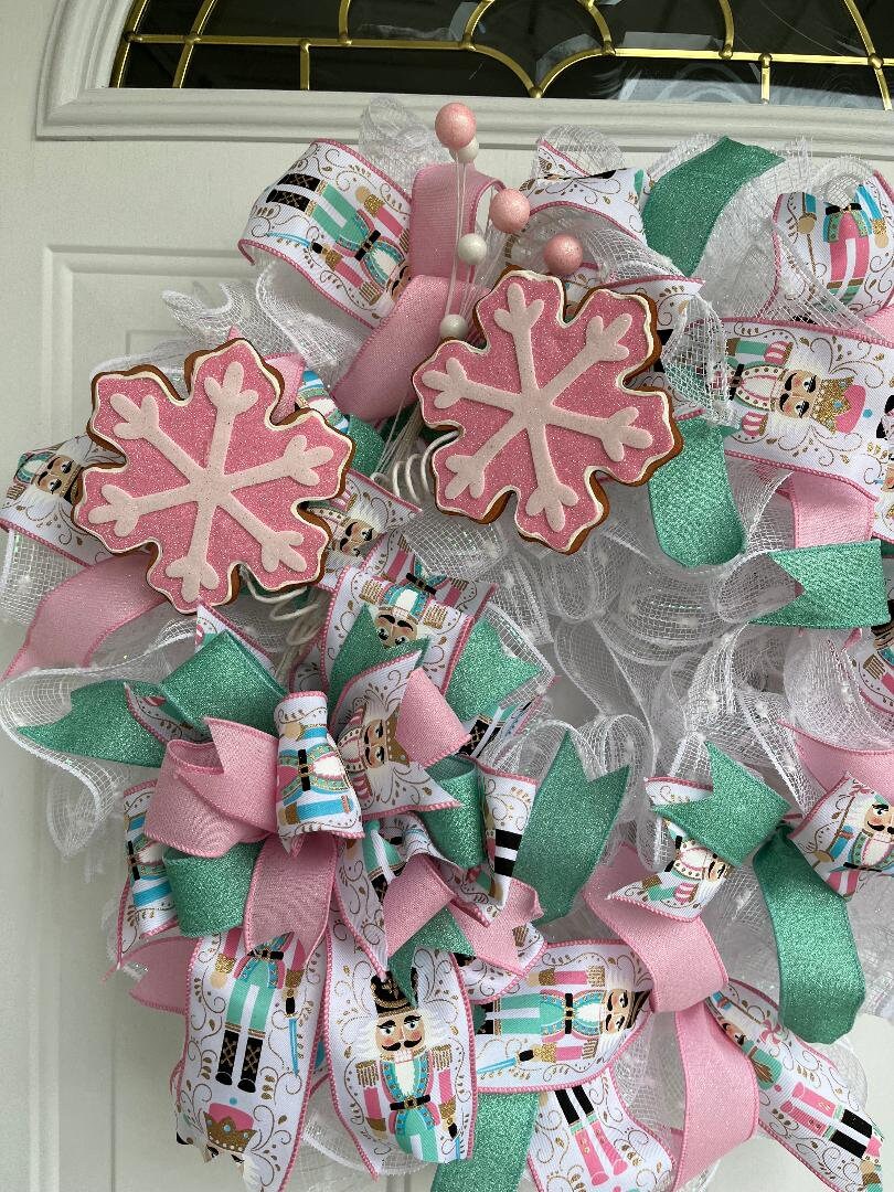 Snowflake Christmas Wreath, pink, turqoise, white wreath, bow with nutcracker soldier