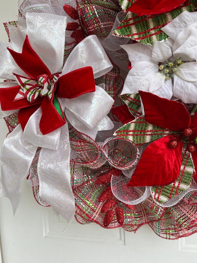 Christmas Poinsettia Wreath – Red, Green & White Mesh Holiday Door Décor