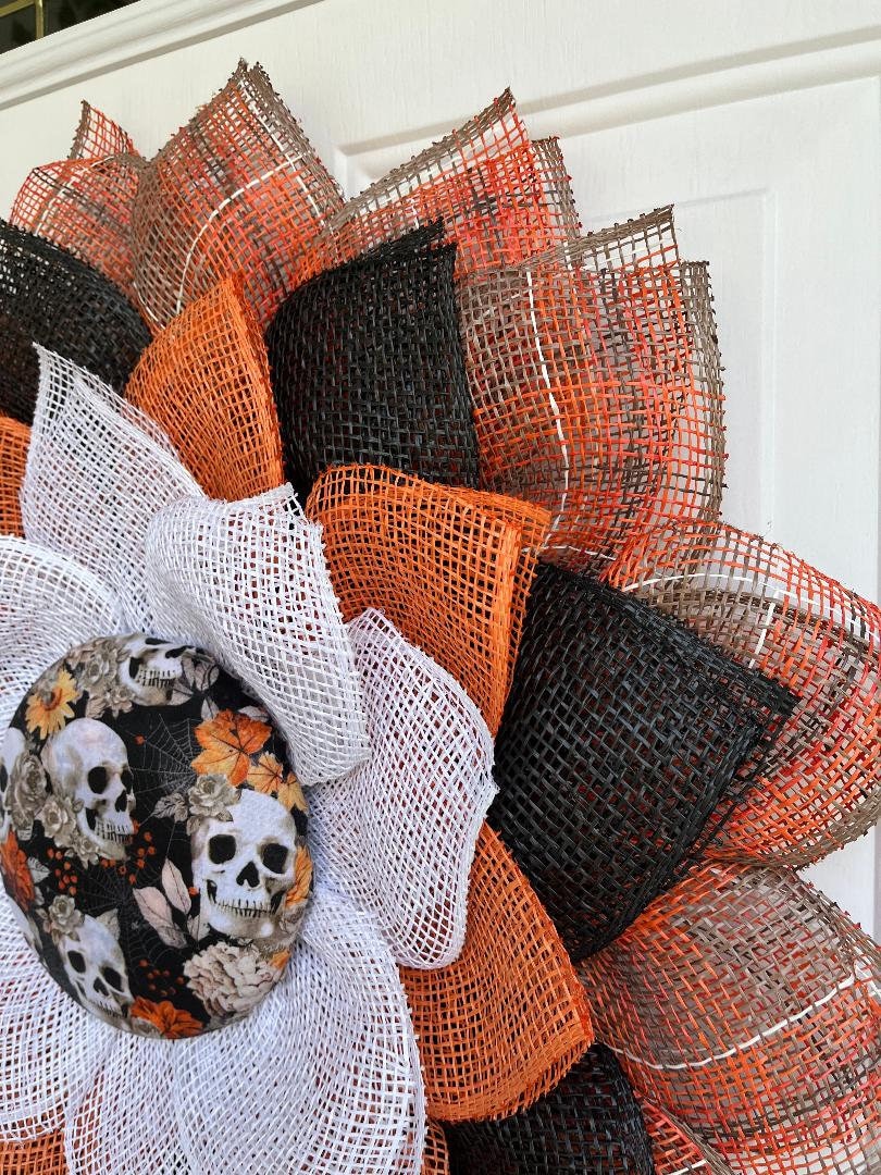 Handmade Large Halloween Door Wreath – Orange & Black Poly Burlap with Skeleton Centerpiece