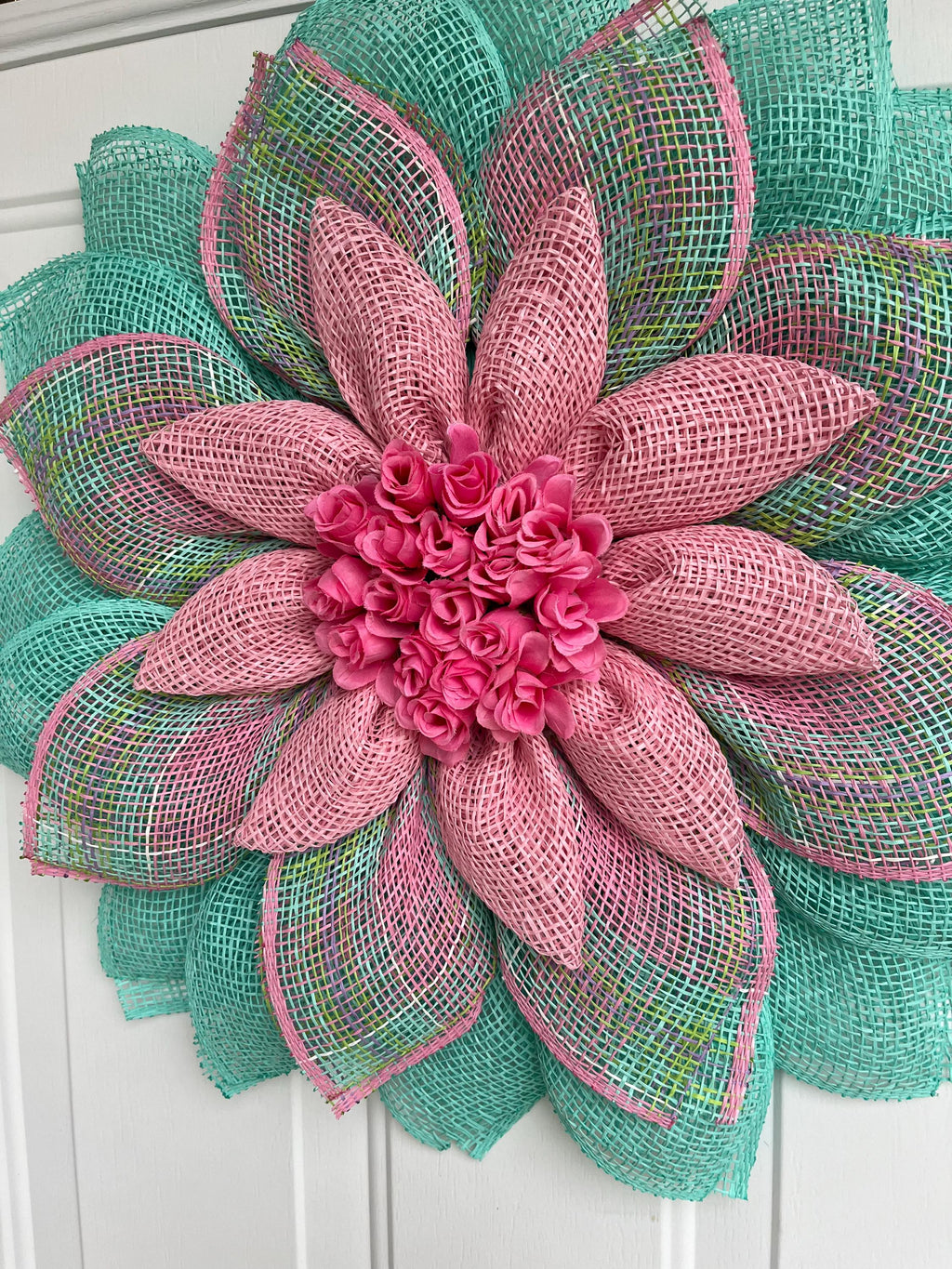spring wreath, summer, flower petal wreath.  pink and aqua, rosebuds
