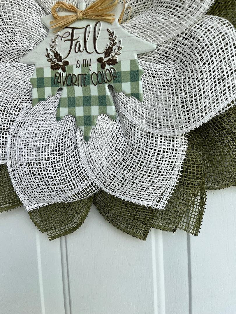 Fall Door Wreath: Olive Green & White Burlap Petals