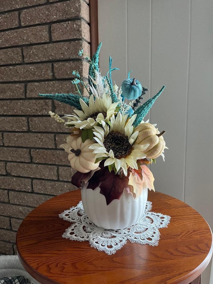 Fall Pumpkin Centerpiece | Turquoise & Beige Faux Floral | Autumn Table Decor