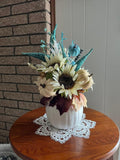 Fall Pumpkin Centerpiece | Turquoise & Beige Faux Floral | Autumn Table Decor