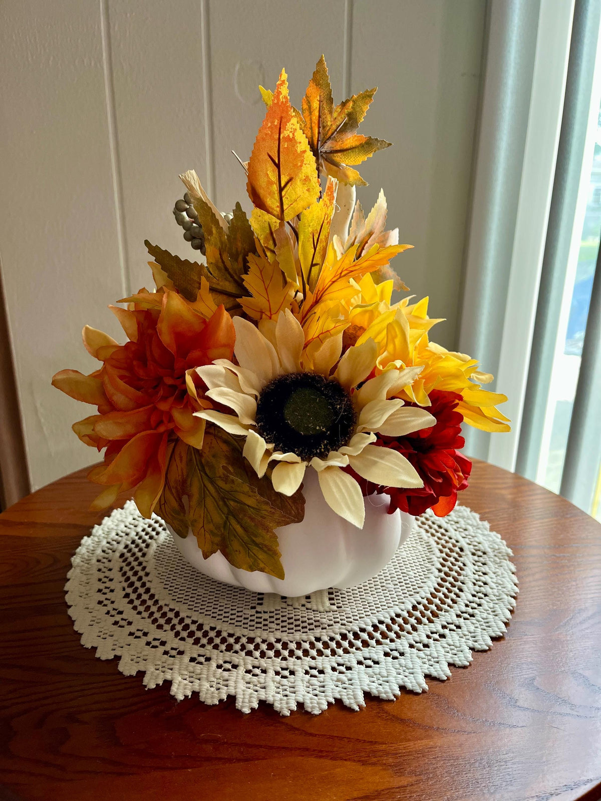 Handmade Fall Floral Centerpiece – Faux Flower & Pumpkin Decor, 28 Inch Orange & Yellow, Autumn Table or Mantel Display