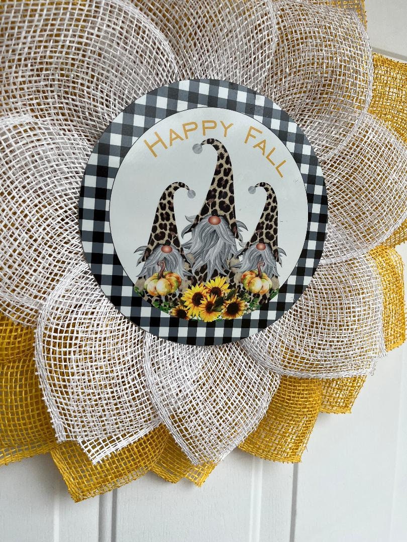 Fall Gnome Wreath | Yellow & White Burlap Petals | Autumn Door Decor