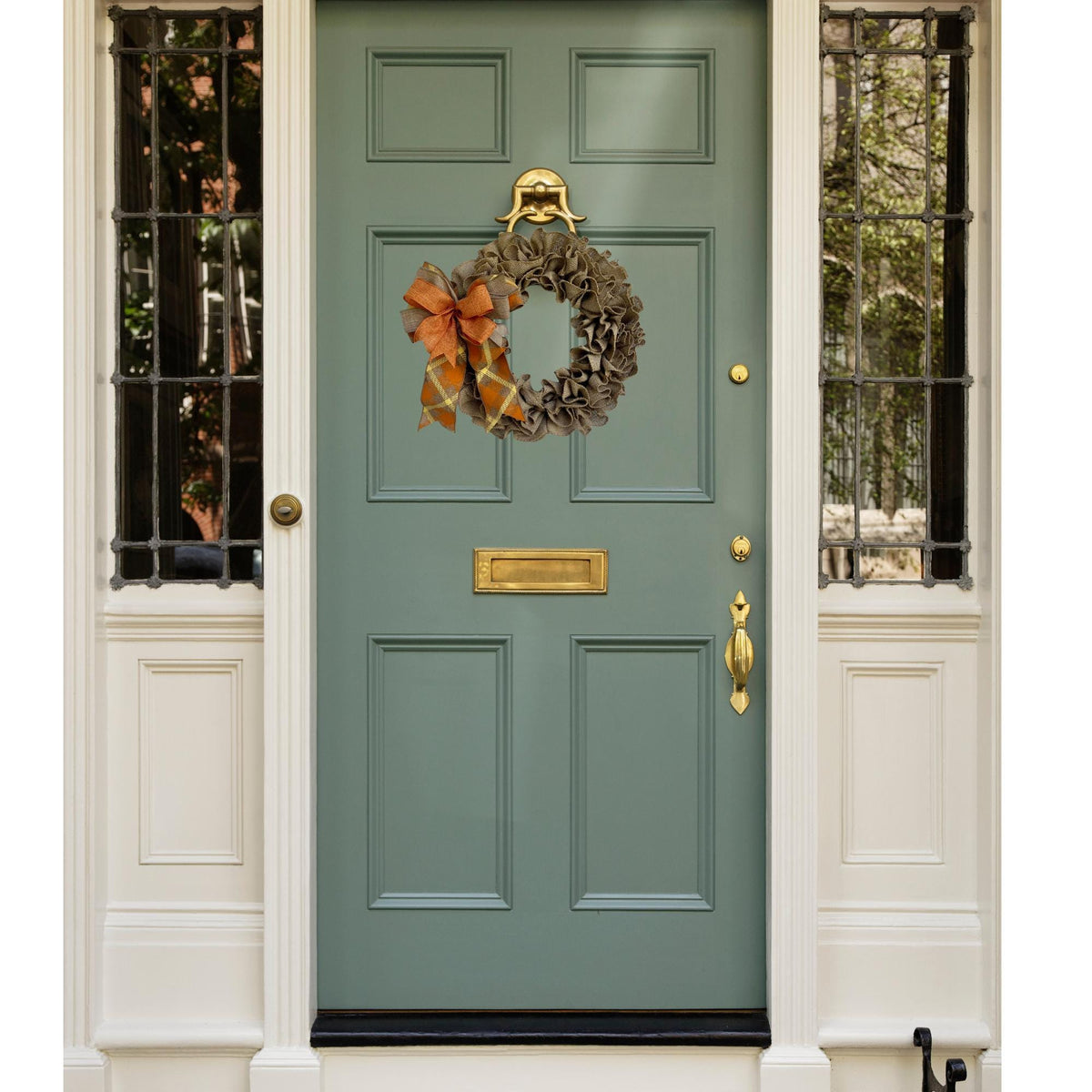 Fall Burlap Door Wreath | Orange & Beige Bow | Rustic Autumn Door Decor