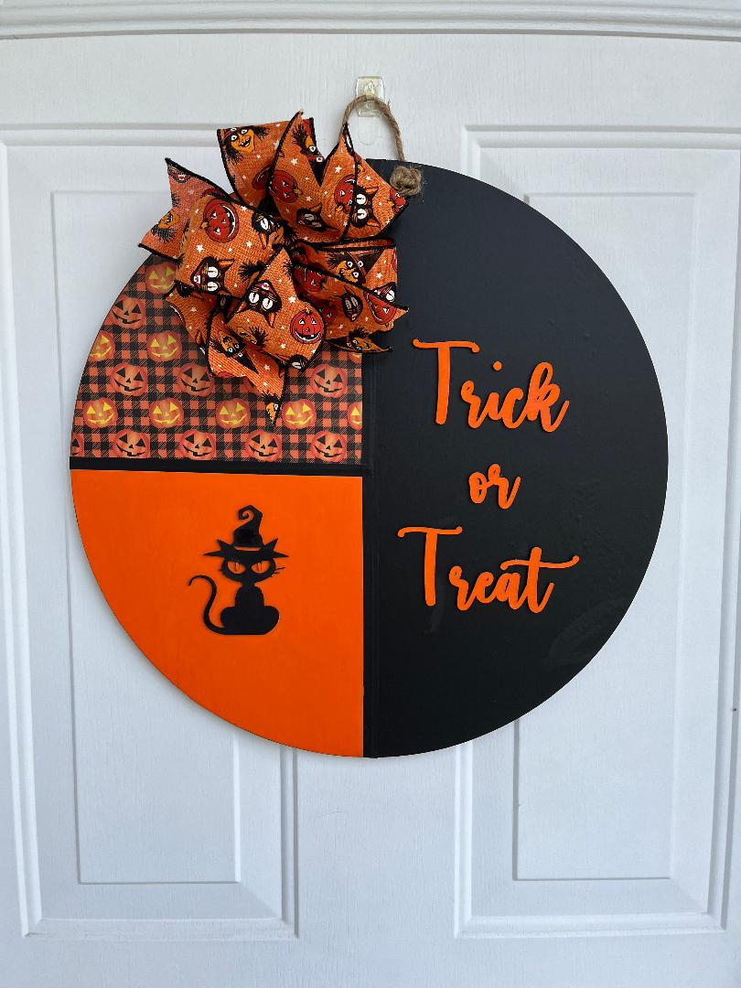 Halloween Door Hanger: Wood Trick or Treat Sign with Black Cat