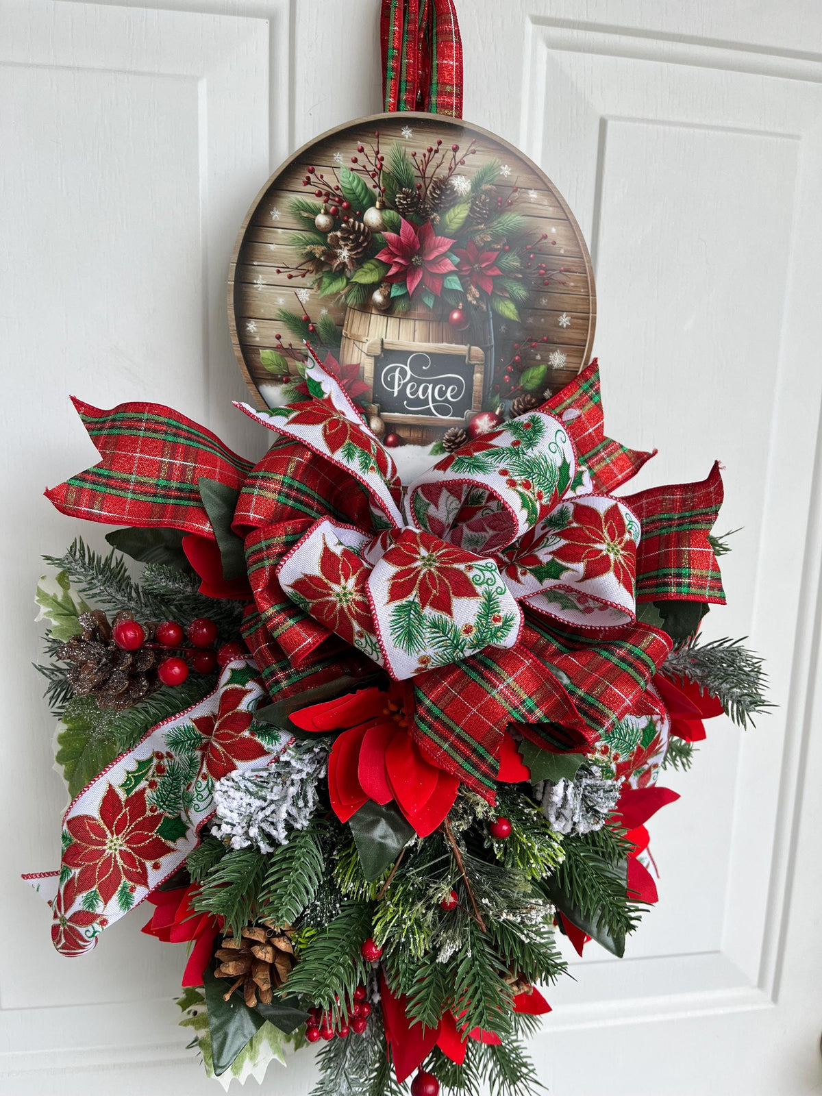 Christmas Door Swag – Poinsettia Arrangement & "Peace" Sign