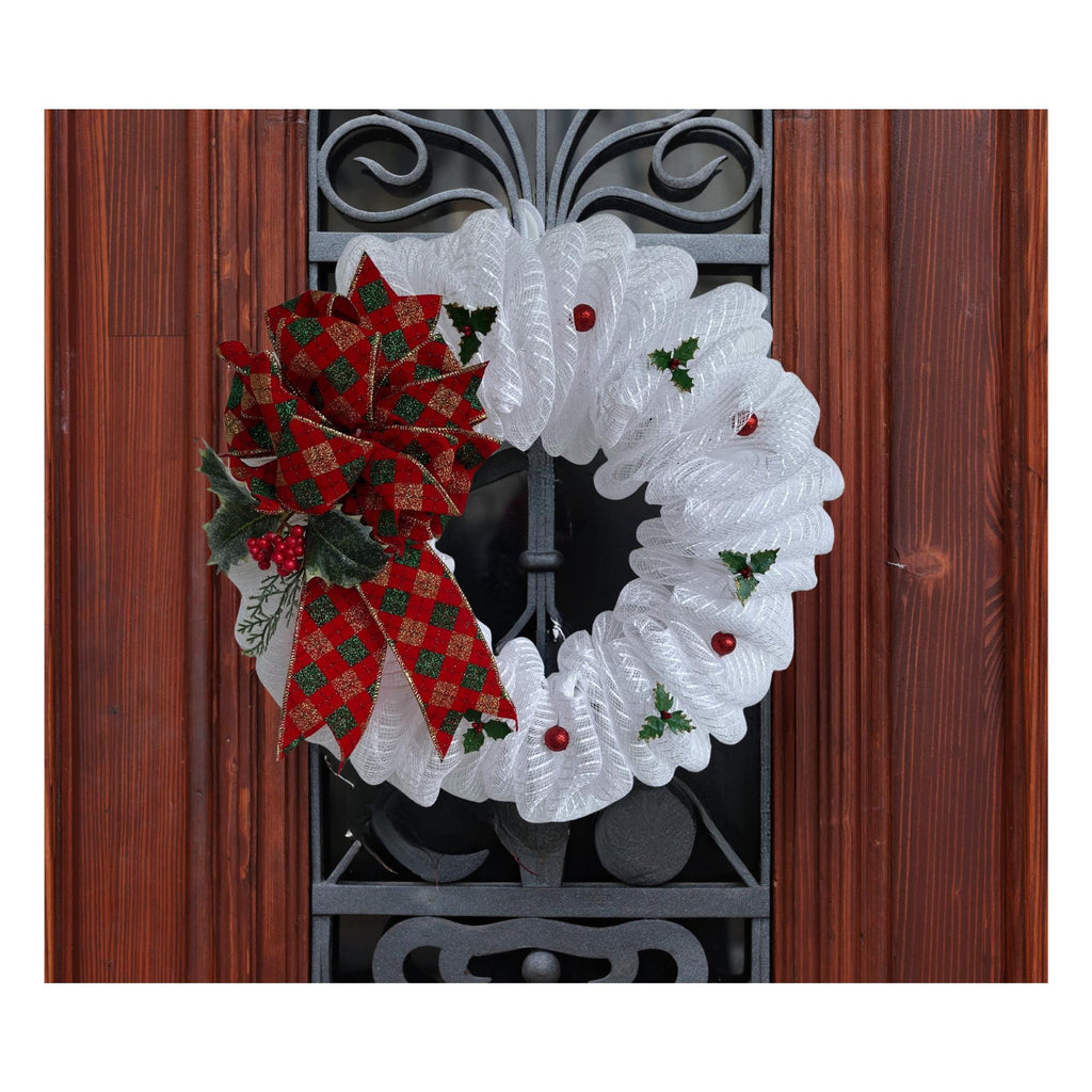 Christmas Wreath – Red & Green Christmas Bow with Holly Berries