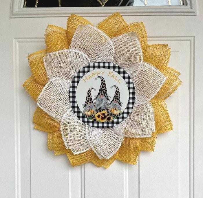 Fall Gnome Wreath | Yellow & White Burlap Petals | Autumn Door Decor