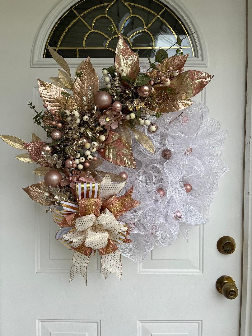 Christmas Wreath | Gold Berries, Gold Leaves & White Mesh | Holiday Door Decor