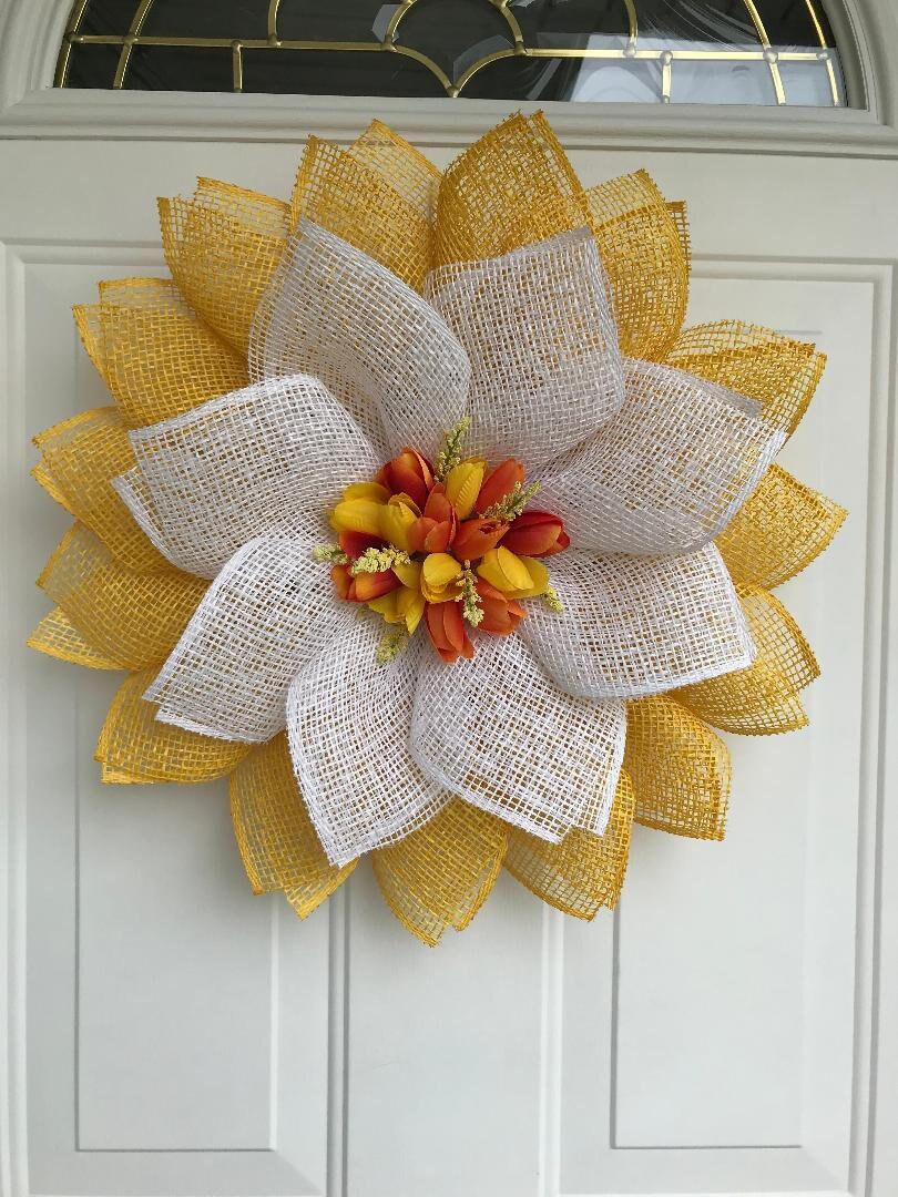 Handmade Spring Petal Wreath – Bright Yellow Burlap & Silk Tulips Door Décor