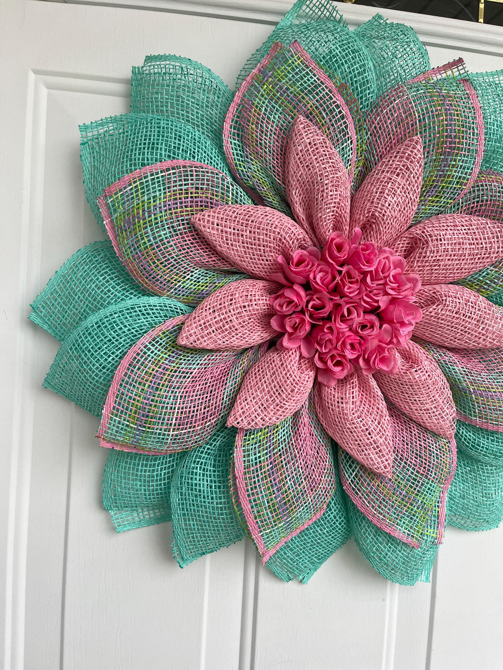 spring wreath, summer, flower petal wreath.  pink and aqua, rosebuds