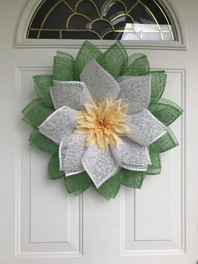 Handmade Summer Dahlia Wreath – Poly Burlap Petal Wreath for Front Door & Home Décor