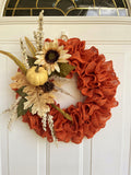 Ruffled burlap orange wreath, Rustic Autumn Door Decor