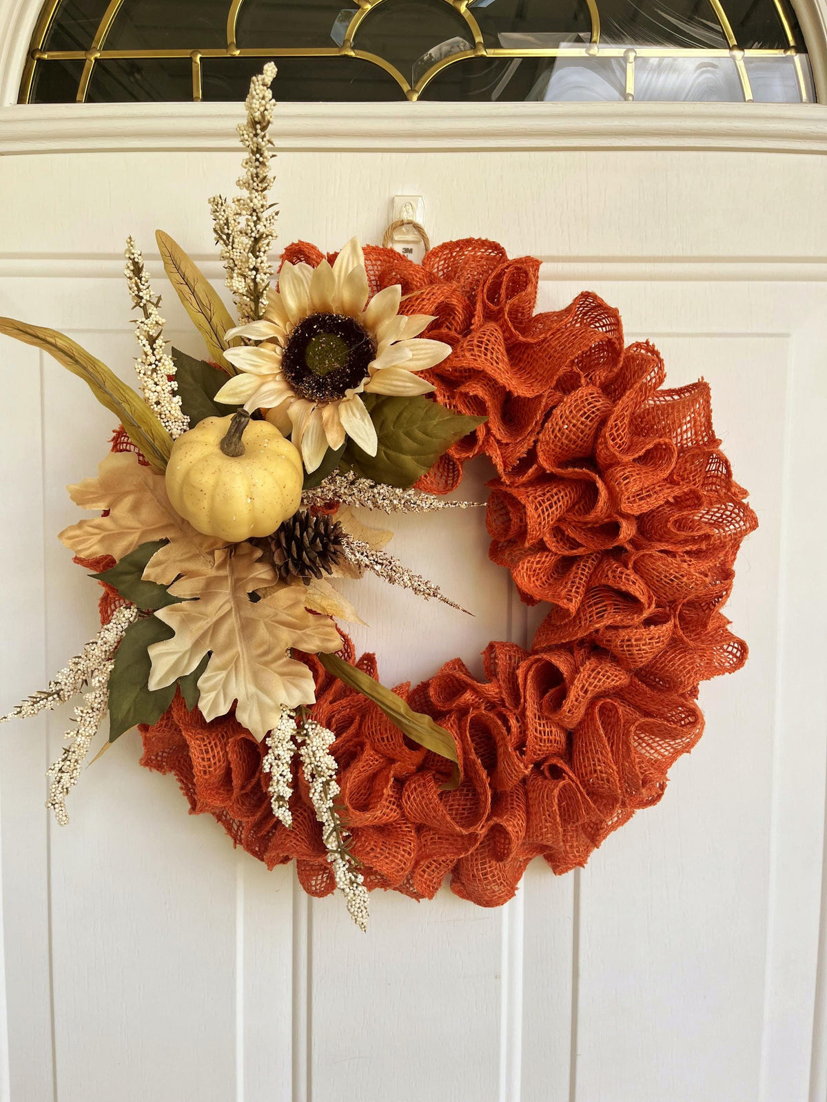 Ruffled burlap orange wreath, Rustic Autumn Door Decor