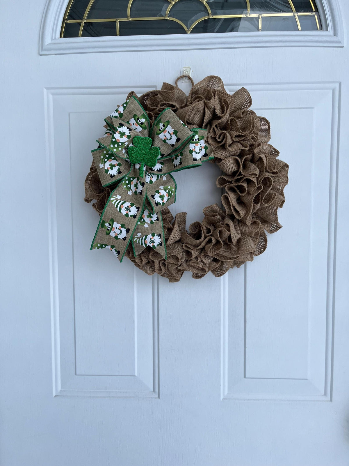 Handmade St. Patrick's Day Burlap Wreath – Natural Jute, Leprechaun Bow & Shamrock Door Décor