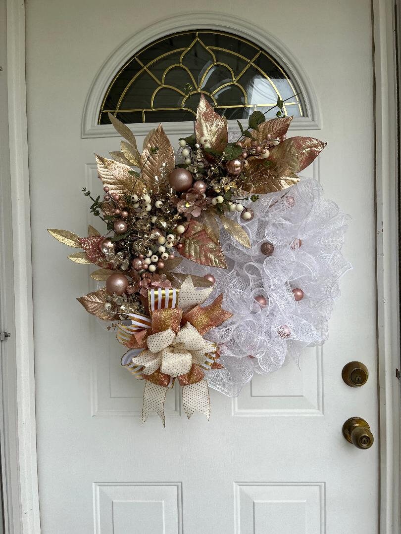 Christmas Wreath | Gold Berries, Gold Leaves & White Mesh | Holiday Door Decor