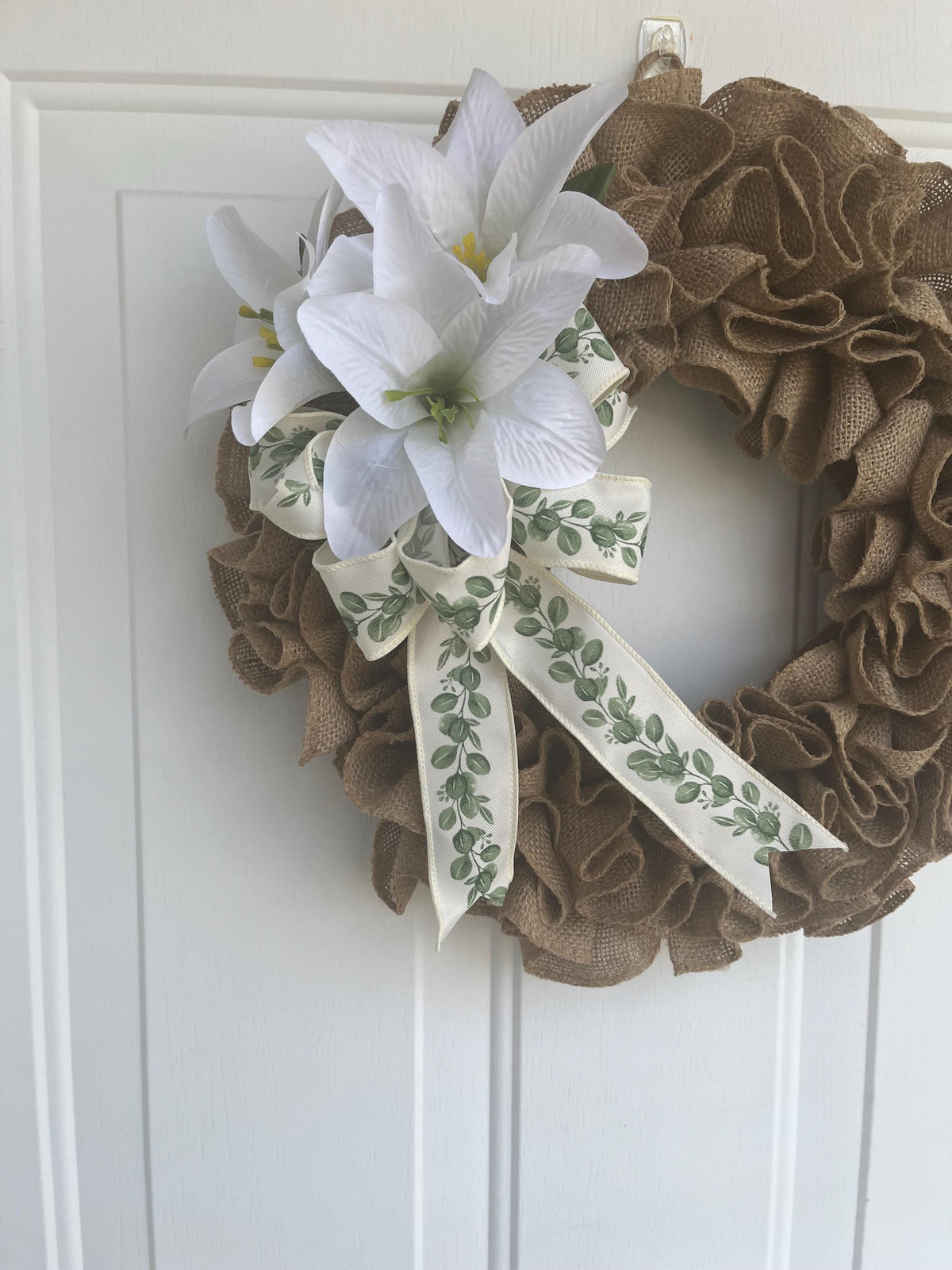 Ruffled Burlap Easter Wreath: White Lillies & Green Ribbon