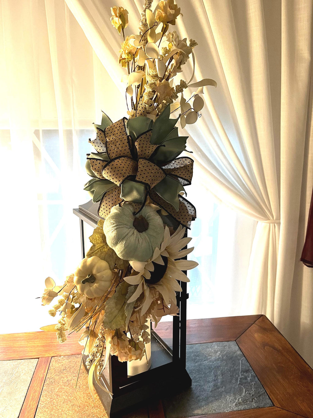 Swag for fall lantern, wreath swag, blue and beige