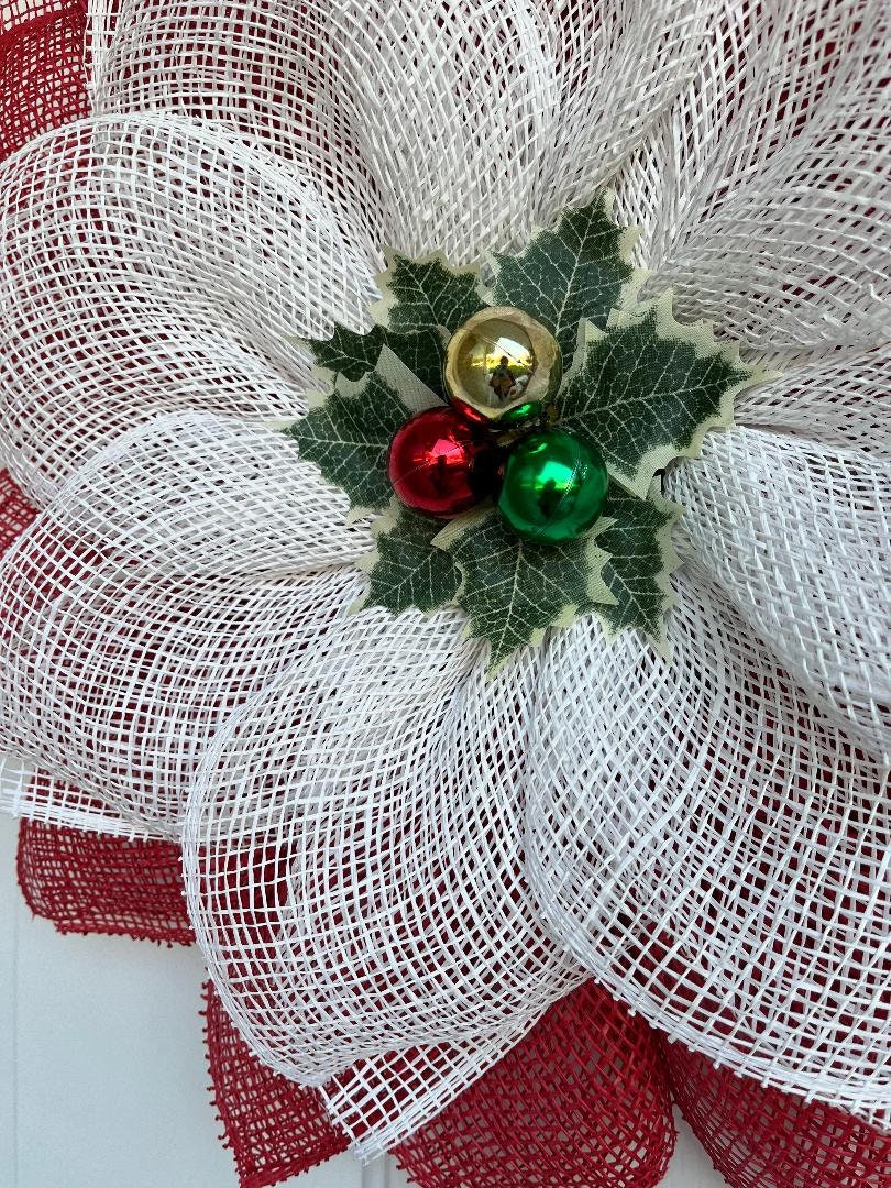 Christmas Petal Wreath – Red & White Door Décor with Holly & Ornaments