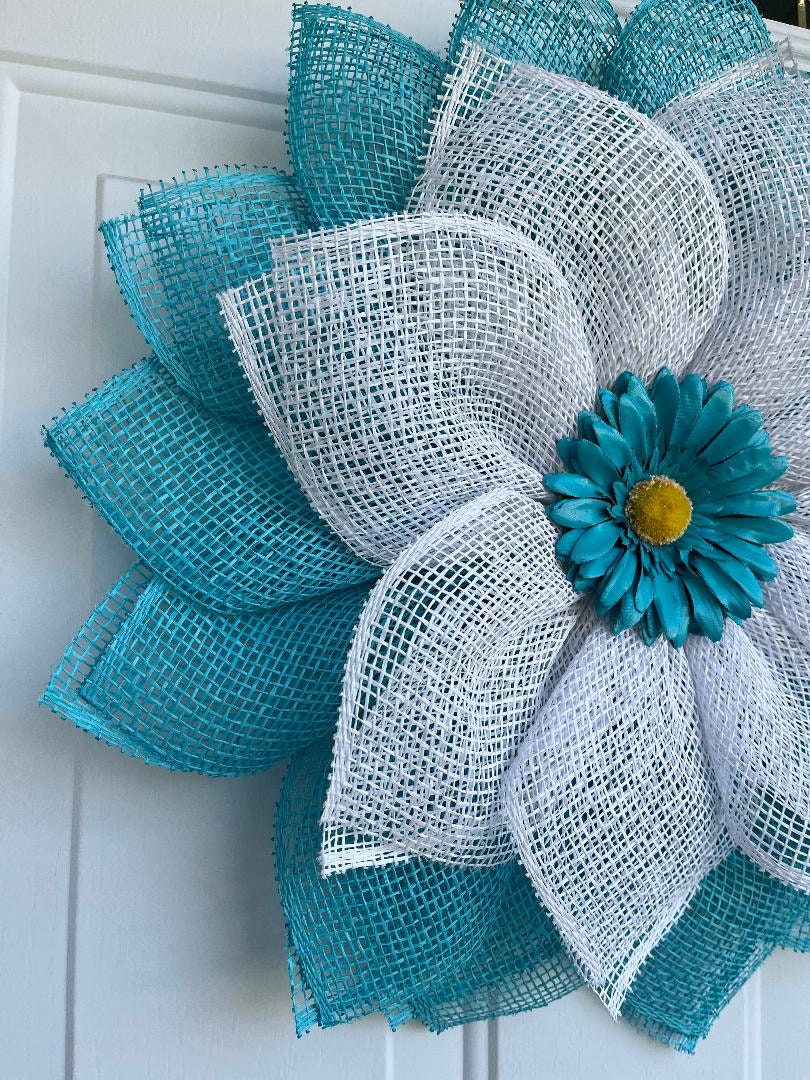 Handmade Turquoise Daisy Wreath – Poly Burlap Petal Flower Wreath for Front Door & Bedroom Décor
