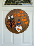 Handmade Welcome Fall Wood Door Hanger – Gnome, Fall Leaves & Flowers, Stained Plywood Sign