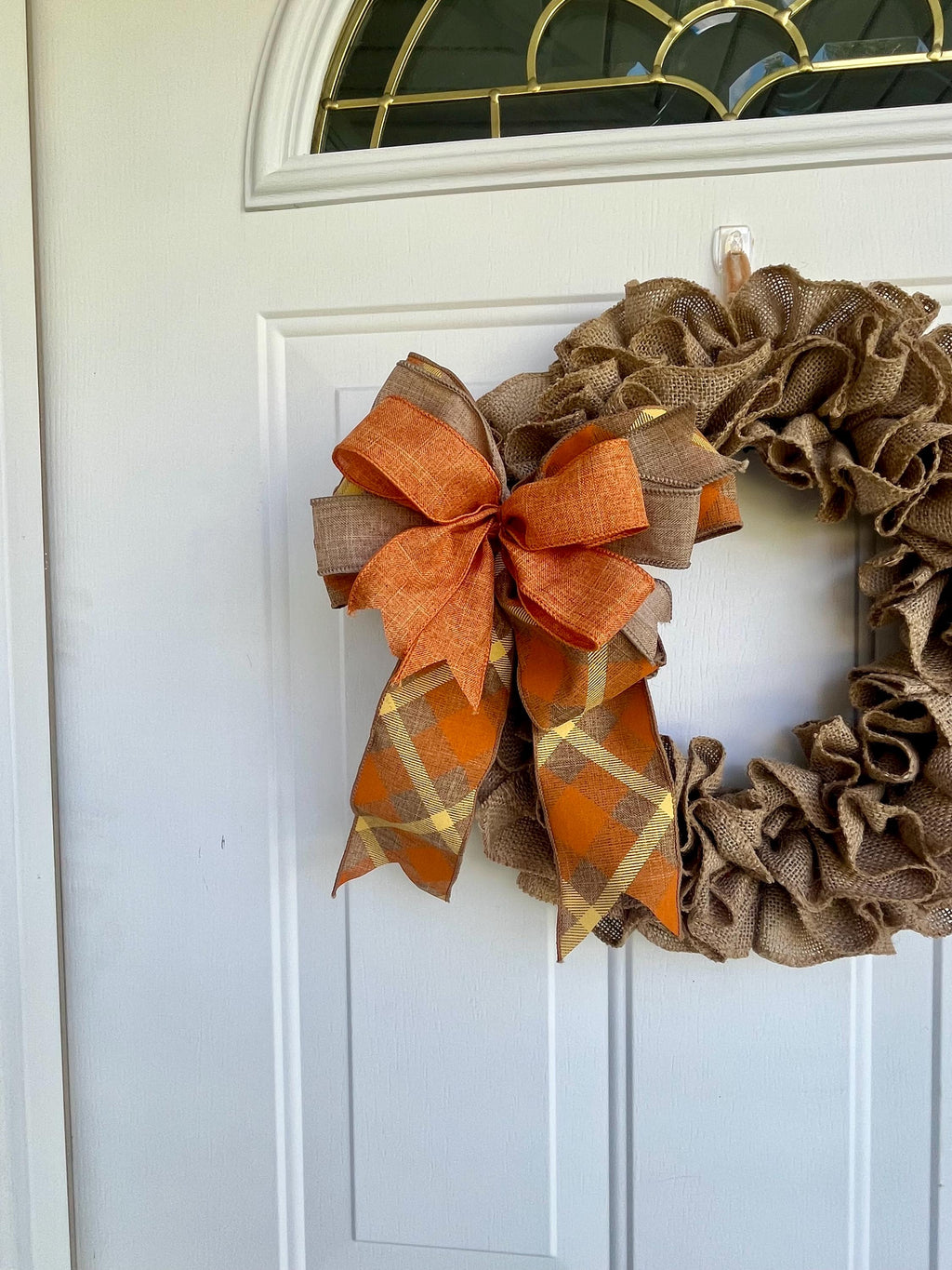 Fall Burlap Door Wreath | Orange & Beige Bow | Rustic Autumn Door Decor