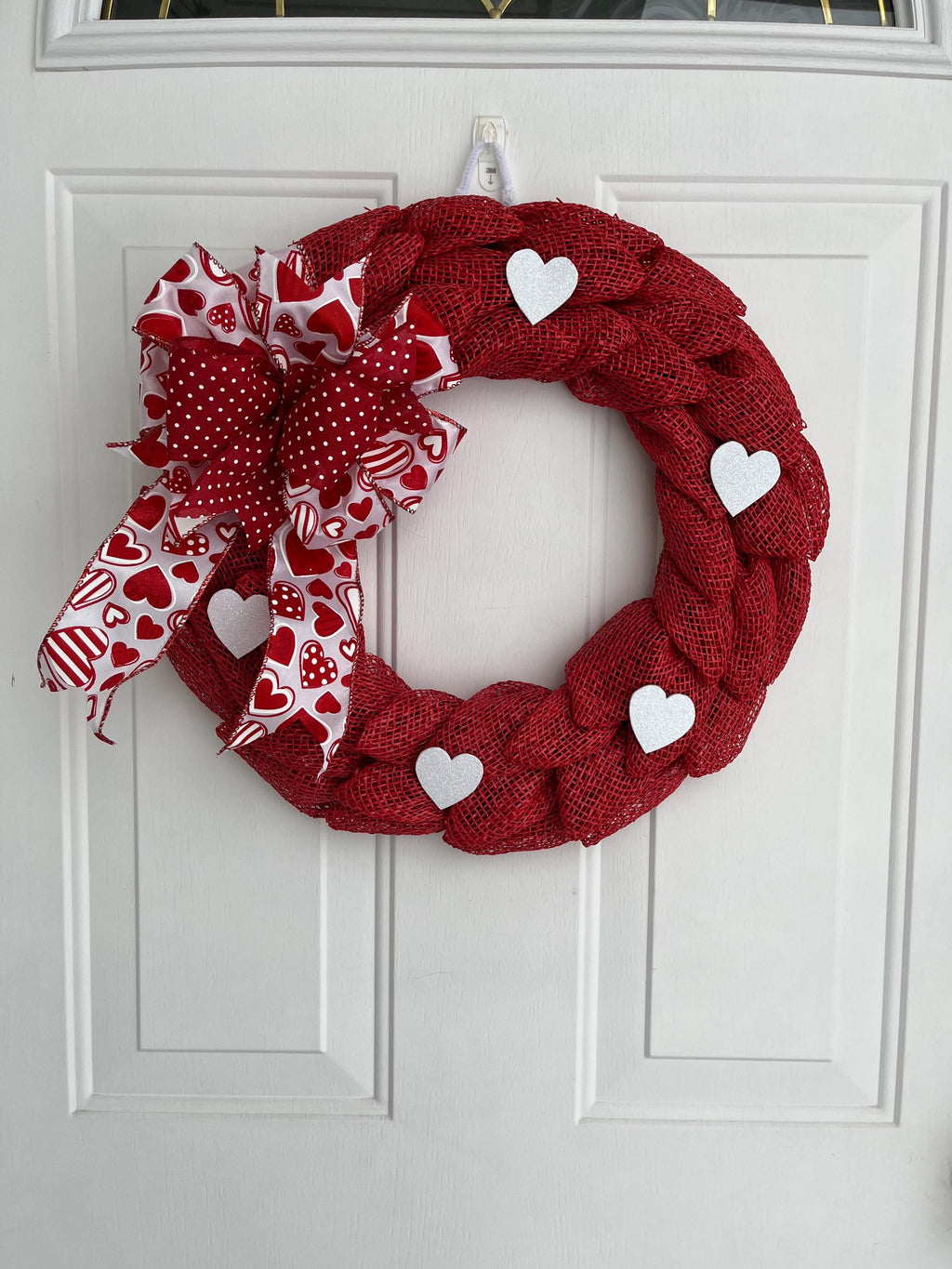 Valentine's Day Wreath – Red & White Petal Wreath with Glittery Hearts & Bow