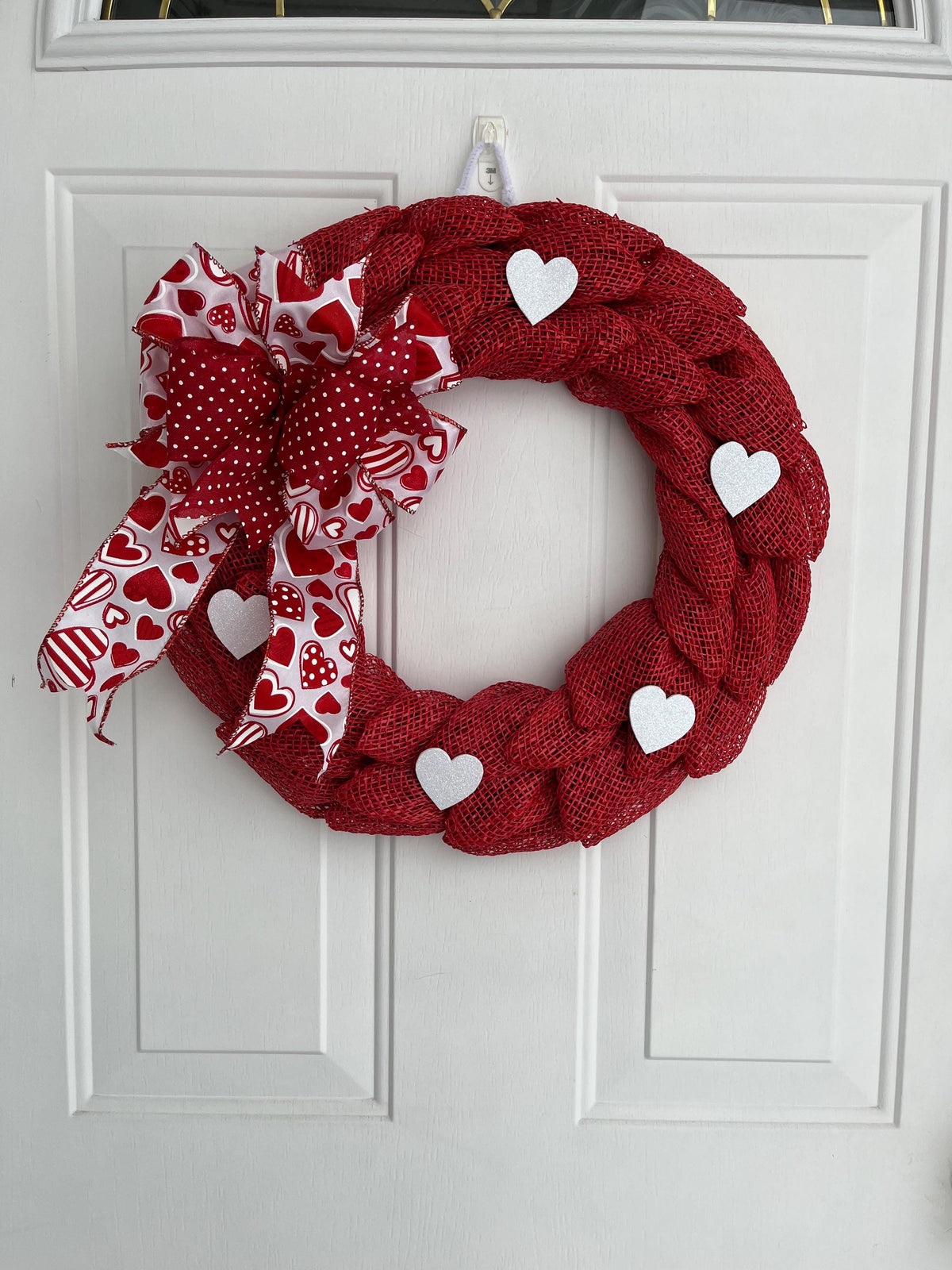 Valentine's Day Wreath – Red & White Petal Wreath with Glittery Hearts & Bow